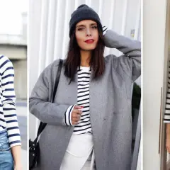 Trois femmes adoptent un look avec marinière : l'une avec un foulard coloré et jean, l'autre avec un manteau gris et bonnet, la troisième avec une jupe en cuir.