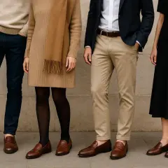 Un homme en jean noir et chaussure marron, aux côtés d'autres personnes élégantes.
