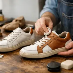 Un homme nettoie une chaussure usée avec un chiffon. Des produits d'entretien sont disposés sur la table en bois.