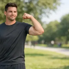 Homme souriant, silhouette athlétique, fléchissant le biceps en plein air.