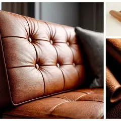 Gros plan sur un canapé capitonné en cuir synthétique marron. Des échantillons de ce matériau, montrant sa texture et sa souplesse, suggèrent une longue durée de vie.