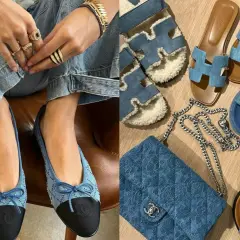 Collection de chaussures en jeans pour femme : ballerines Chanel, sandales Hermès et un sac matelassé.