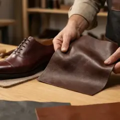 Un artisan examine différents types de cuir à côté d'une chaussure élégante.
