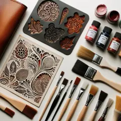 Kit pour peindre du cuir : portefeuille, pochoirs, pinceaux et pots de peinture aux couleurs vives.