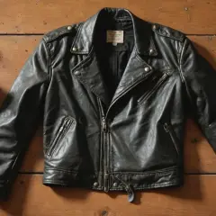Blouson cuir décoloré comment faire ? Un blouson de motard noir usé, posé sur un bois brut, avec une boîte de produit d'entretien.