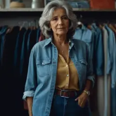 Une femme élégante aux cheveux gris porte une chemise en jean ouverte sur un chemisier jaune moutarde. Elle montre une tenue parfaite pour savoir que mettre avec un jean.