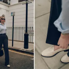 Un homme porte un pantalon gris avec des mocassins crème. Quelle chaussure avec pantalon gris homme ? Ces mocassins sont un choix élégant.