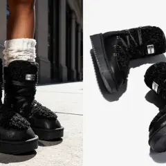 Des bottines chaussettes noires en fausse fourrure, lacées, avec une semelle épaisse. Parfaites pour un look d'hiver stylé.