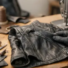 Main d'un artisan en gant noir tenant une veste en cuir abîmée, prête à être renover. Outils de couture et fils sur la table.