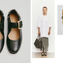 Chaussures noires à boucle dorée, style Mary Jane, portées par un mannequin. Un look chic et moderne.