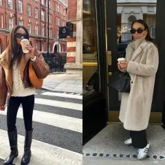Look femme hiver froid. Deux femmes élégantes profitent d'une boisson chaude par temps frais, l'une avec une veste en cuir et l'autre dans un manteau en fausse fourrure.