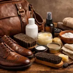 Ensemble d'accessoires pour nettoyer cuir : chaussures, sac, brosses, crèmes et chiffons.