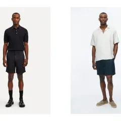Deux looks pour savoir que mettre avec un short noir homme : polo noir et chaussures habillées, ou chemise claire et espadrilles.
