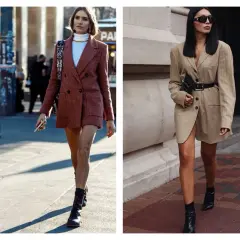 Deux femmes arborent un blazer avec robe courte. L'une porte un blazer à carreaux rouge, l'autre un blazer beige ceinturé.