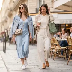 Deux femmes flânent dans une rue parisienne, offrant une belle idée tenue printemps femme. L'une porte une robe nuisette bleu pâle avec une veste en jean, l'autre un tailleur pantalon crème.