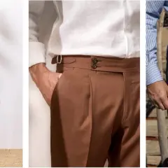 Trois hommes portent des pantalons de costume sans ceinture, de couleur marron, bleu marine et un autre homme en pantalon marron.