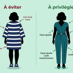 Pour un vêtement à éviter quand on est ronde : une robe informe à rayures horizontales larges et col rond. Privilégier un haut ajusté, col V, taille haute et lignes verticales.
