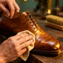 Un homme prend soin de ses chaussures en cuir neuves avec un chiffon doux. L'entretien des chaussures en cuir est essentiel pour leur longévité.