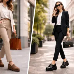 Deux femmes élégantes portent un pantalon avec mocassin, l'une en tenue beige, l'autre en noir.