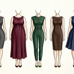 Sept silhouettes buste femme en tenues professionnelles variées : robes, tailleur pantalon, combinaison.