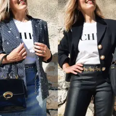 Une femme élégante porte une veste imprimée et un jean, puis une veste noire et un pantalon en cuir.