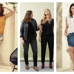 Trois femmes rondes montrent des tenues stylées : pantalon beige, jean noir et jupe en jean. Idées pour comment s'habiller quand on est ronde.