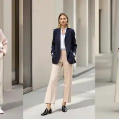 Trois femmes portent des tenues élégantes avec un pantalon beige. La première, un pull rose et des baskets. La deuxième, un blazer bleu marine et des mocassins. La troisième, une chemise verte et des escarpins.