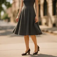 Une femme porte une robe grise évasée arrivant aux genoux, avec des escarpins marron. Parfaites quelles chaussures avec robe genoux pour une allure chic.