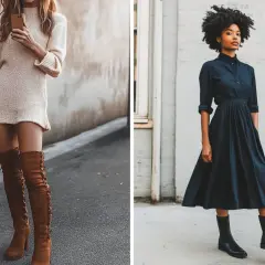 Une femme porte une robe pull courte avec des bottes hautes en daim marron lacées. À côté, une autre femme porte une robe chemise bleu marine avec des bottes noires basses.