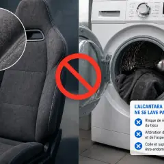 Siège baquet en Alcantara gris, à côté d'une machine à laver ouverte. Interdiction de lavage en machine pour le nettoyage de l'Alcantara.