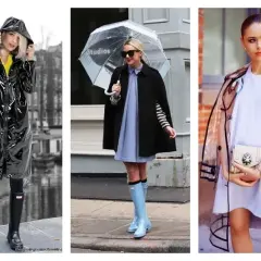 Trois looks pour savoir comment s'habiller quand il pleut et qu'il fait froid : trenchs brillants, capes élégantes et manteaux transparents.