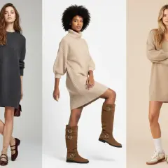 Trois femmes portent des robes pull. La première, en gris foncé, est chaussée de babies et chaussettes. La deuxième, en beige, porte des bottes hautes. La troisième, en beige clair, opte pour des baskets. Quelle chaussure mettre avec une robe pull ?