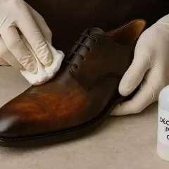 Mains gantées nettoyant une chaussure en cuir patiné avec un produit décapant.