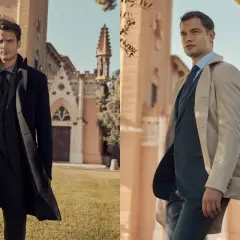 Deux hommes élégants portent des manteaux longs. L'un est en noir, l'autre en beige. La longueur manteau femme est ici mise en avant sur ces silhouettes masculines.