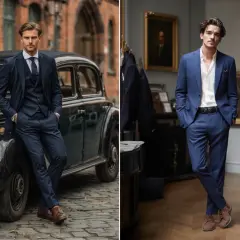 Un homme élégant pose près d'une voiture ancienne, portant un costume bleu marine impeccable. Une autre image montre un homme en costume bleu marine, chemise blanche ouverte, dans une boutique.