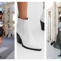 Trois femmes portent des santiags basses. Une en noir avec une jupe en cuir, une autre en blanc avec un talon bloc, et la dernière en noir avec une jupe plissée.
