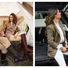 Deux femmes élégantes montrent comment porter des bottes cavalières avec des blazers en tweed et des pantalons clairs, un look chic et intemporel.