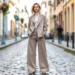 Une femme pose dans un tailleur pantalon beige, avec un col roulé blanc. Elle porte des chaussures plates qui complètent parfaitement son look. Quelles chaussures avec un tailleur pantalon ? Celles-ci !