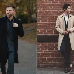 Deux hommes élégants, l'un en manteau noir, l'autre en beige. Quelle couleur de manteau choisir pour un style impeccable ?