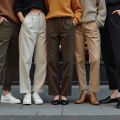 Cinq personnes portent des pantalons larges de différentes couleurs. Quelle chaussure avec pantalon large ? Des baskets, des mocassins, des escarpins et des bottines.