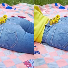 Jean de ma girlfriend, quelle morphologie ! Un bouquet de fleurs jaunes se cache dans la poche arrière de son jean, sur une couverture à carreaux.
