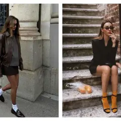 Deux femmes stylées : l'une en veste en cuir marron et chaussettes blanches, l'autre en blazer noir avec des chaussettes orange vif.