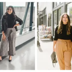 Comment s'habiller quand on est petite : deux looks stylés avec des pantalons taille haute et des vestes.