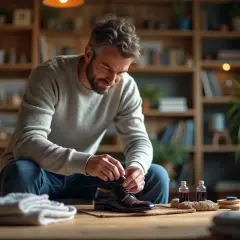 Un homme concentré sur la **teinture du cuir** de ses chaussures. Des flacons de teinture et des outils sont disposés sur la table.