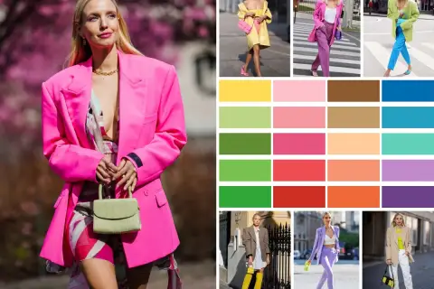 Inspiration pour associer couleurs vêtements : looks audacieux en rose vif, jaune, vert, violet et bleu. Palette de couleurs vives pour des tenues éclatantes.