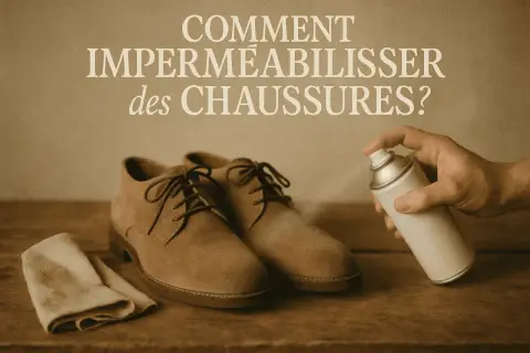 Comment imperméabiliser des chaussures en daim avec un spray protecteur. Une paire de chaussures, un chiffon et une bombe sont sur une table en bois.