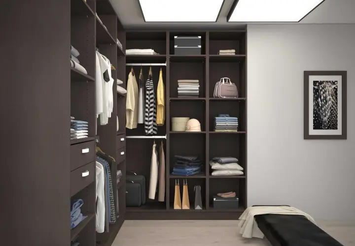 Un dressing bien organisé avec des vêtements et accessoires rangés. Le bois sombre est une couleur qui va avec tout, créant une ambiance élégante.