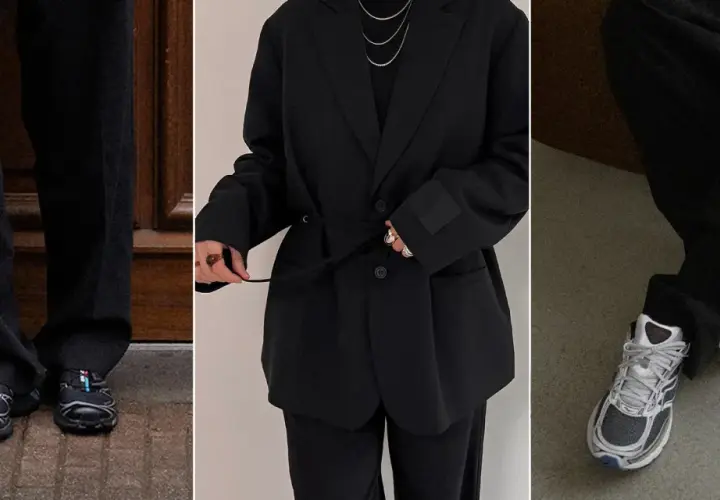 Un costume noir élégant, porté avec une basket, pour un look moderne et décontracté.
