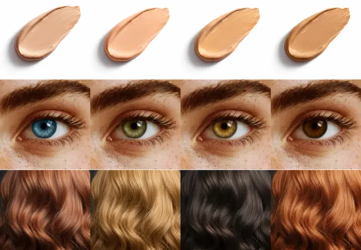 Échantillons de fond de teint, yeux aux couleurs variées (bleu, vert, noisette, marron) et mèches de cheveux (roux, blond, brun, auburn), évoquant la couleur du printemps.