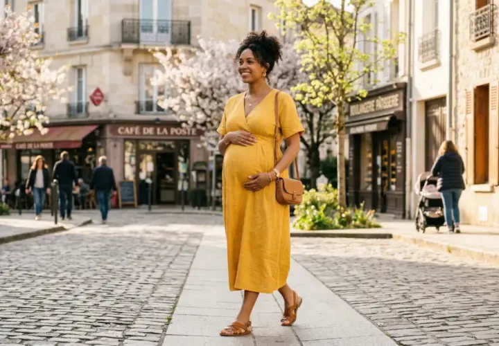 Une femme enceinte, rayonnante dans sa robe jaune, profite d'une promenade ensoleillée. S'habiller enceinte peut être élégant et confortable.